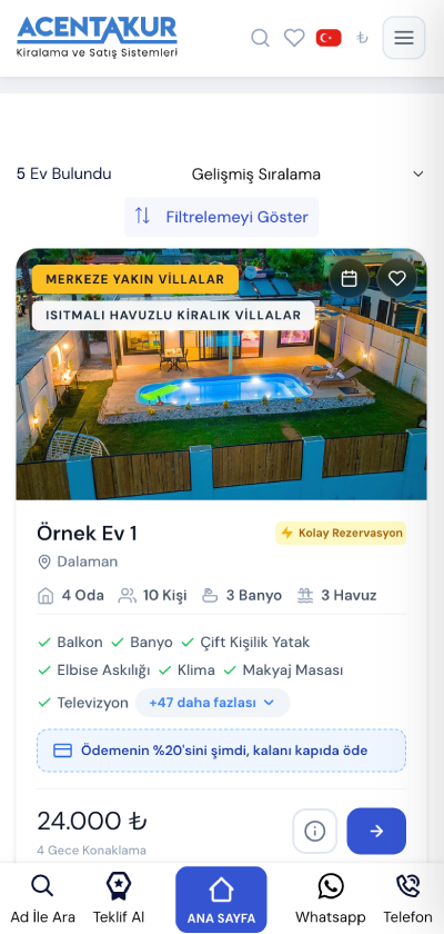 Villa kiralama sitesi mobil görünüm
